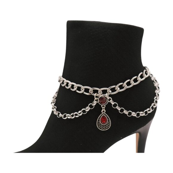 Women Silver Metal Boot Chain Bracelet Shoe Anklet Ethnic Drop Charm Red 2PCS - Picture 16 of 17